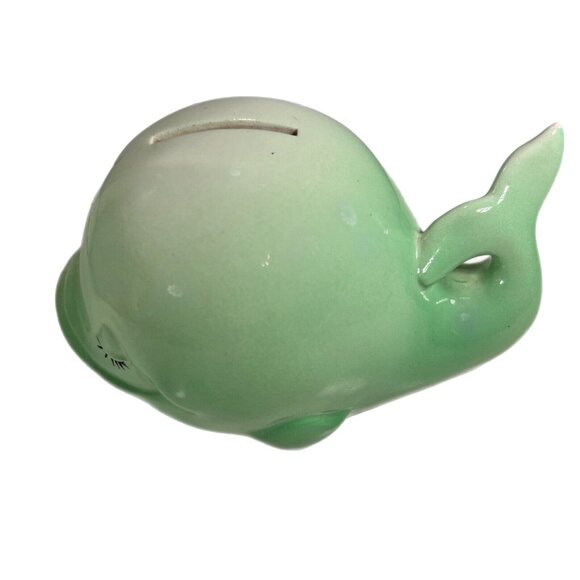 Ceramic Pottery Green Whale Coin Savings Bank with Plug Eyelashes Taiwan HTF - Picture 9 of 12
